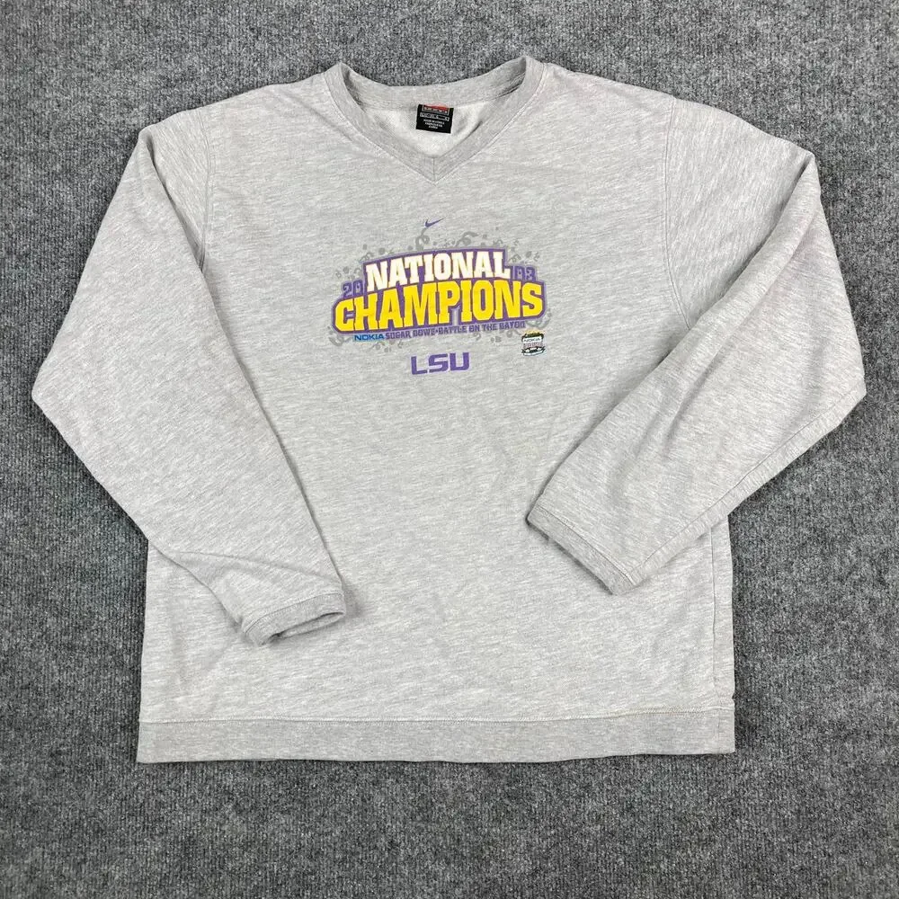 Nike Sweatshirt Boys Size‎ L Gray LSU National Champions Graphic NCAA V-Neck